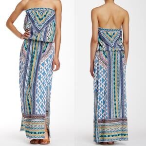 Hale Bob Strapless Maxi Smocked Side Slit Geometric Dress